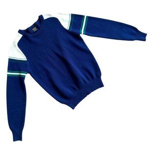 Vintage Surpreme 1970s Men's Size MEDIUM Knit Acrylic Sweater Navy Blue & Cream